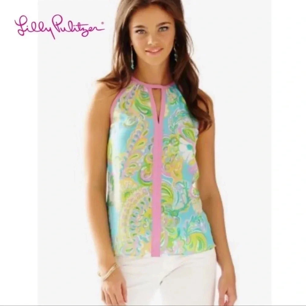 LILLY PULIZTER Paisley Silk Tillie Shorely Blue Double Trouble Keyhole Top Sz M